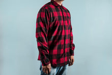 Load image into Gallery viewer, Man wearing chequered red and black shirt
